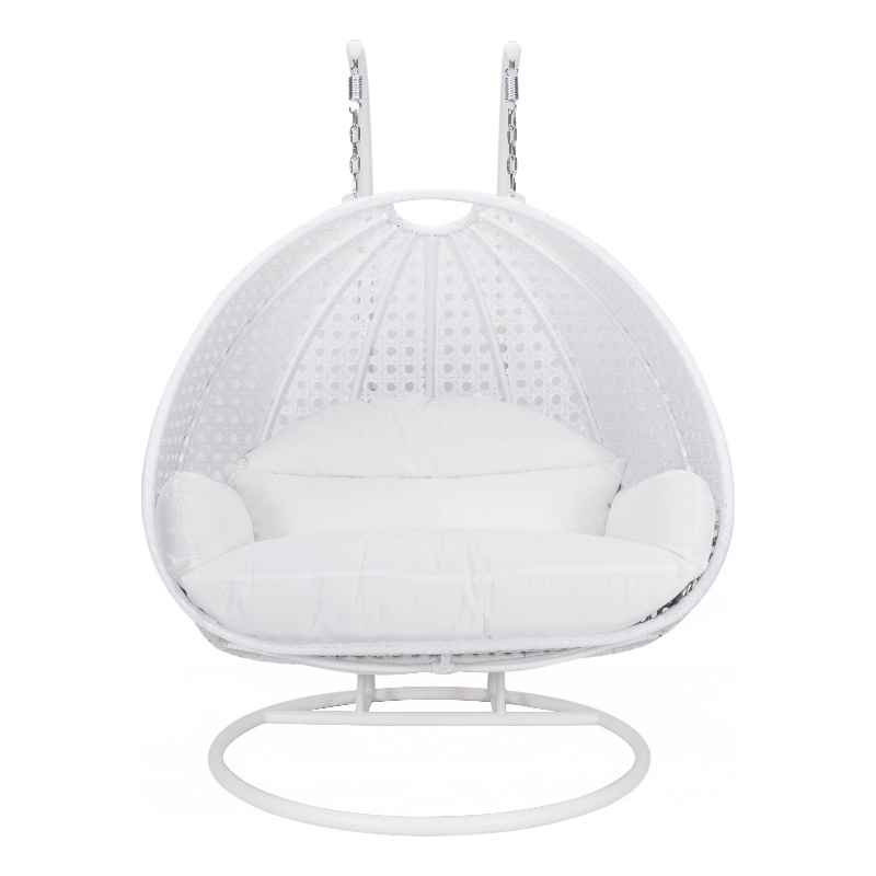 LeisureMod Outdoor White Wicker Hanging Double Egg Swing Chair in White