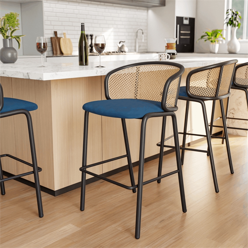 LeisureMod Ervilla Bar Stool with Black Powder Coated Metal Frame Navy Blue