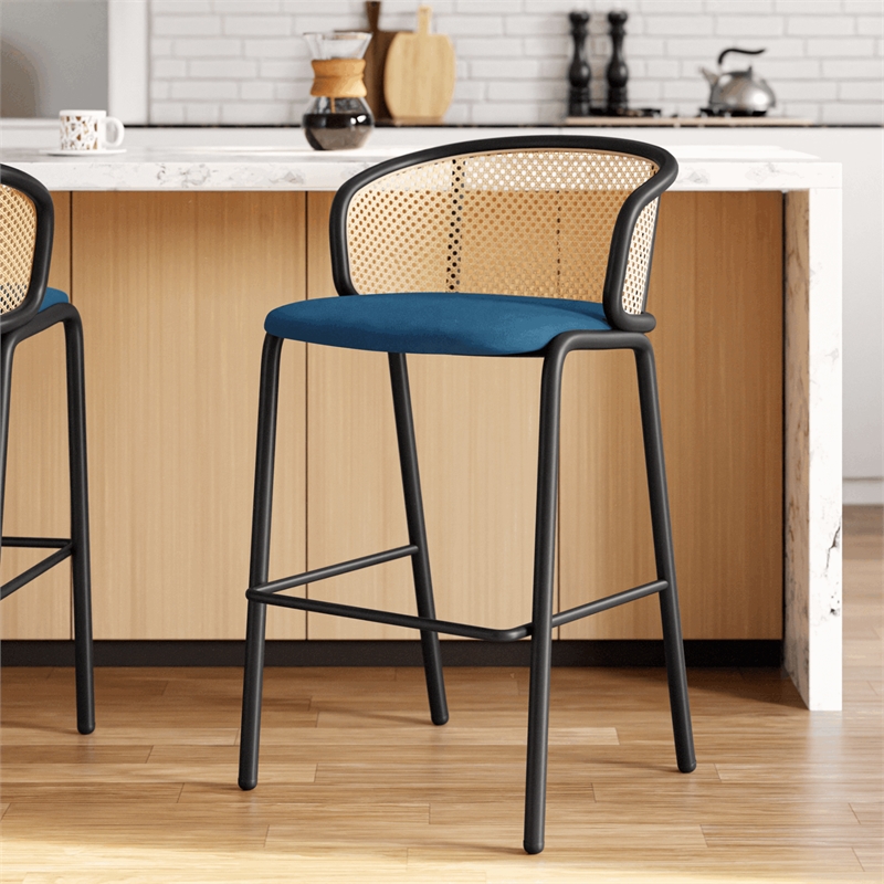 LeisureMod Ervilla Bar Stool with Black Powder Coated Metal Frame Navy Blue