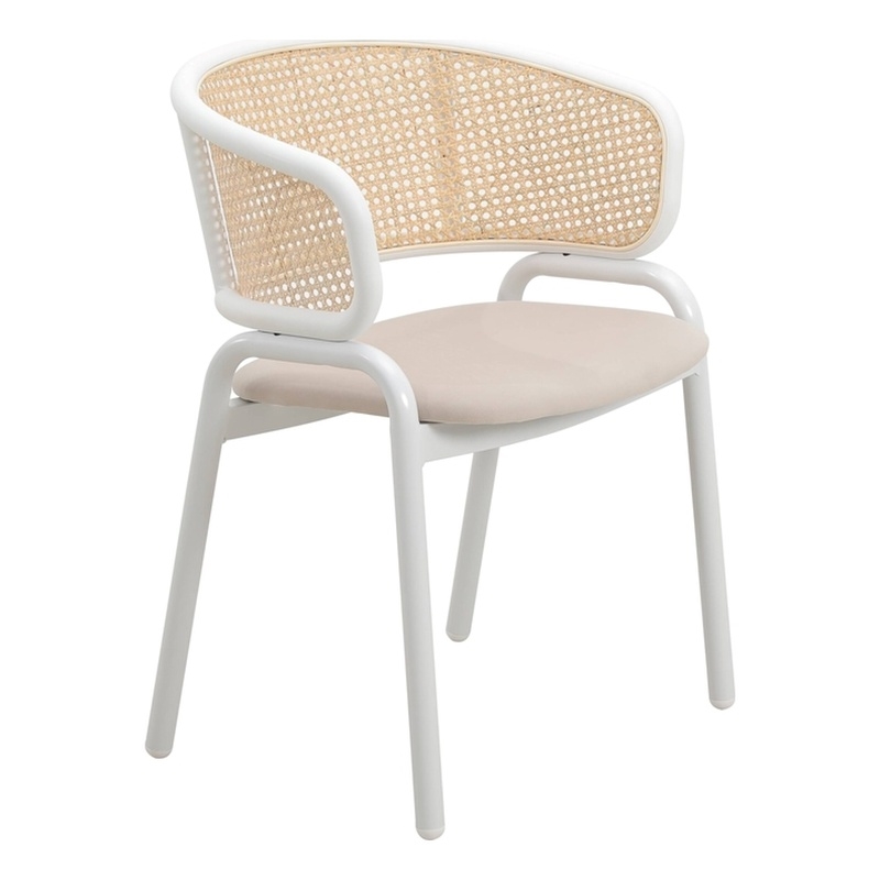 LeisureMod Ervilla Dining Armchair with White Steel Base and Velvet Seat Beige