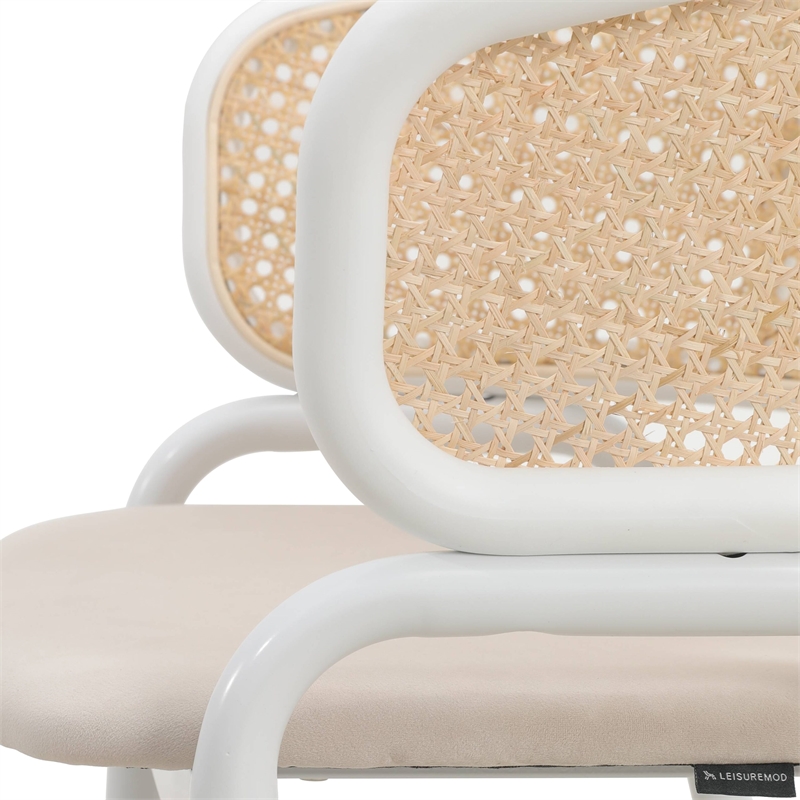 LeisureMod Ervilla Dining Armchair with White Steel Base and Velvet Seat Beige