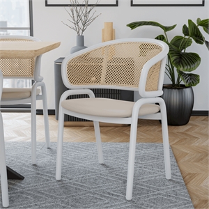 LeisureMod Ervilla Dining Armchair with White Steel Base and Velvet Seat Beige