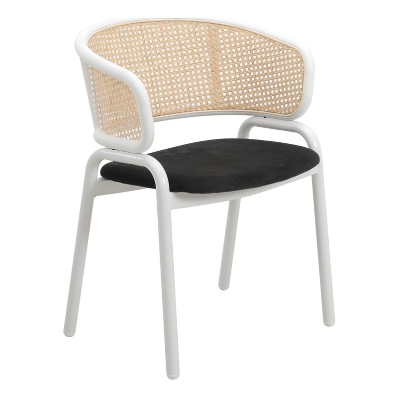 LeisureMod Ervilla Dining Armchair with White Steel Base and Velvet Seat Black
