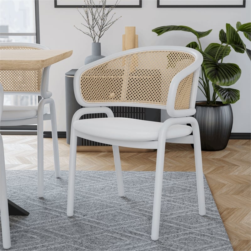 LeisureMod Ervilla Dining Armchair with White Steel Base and Velvet Seat White