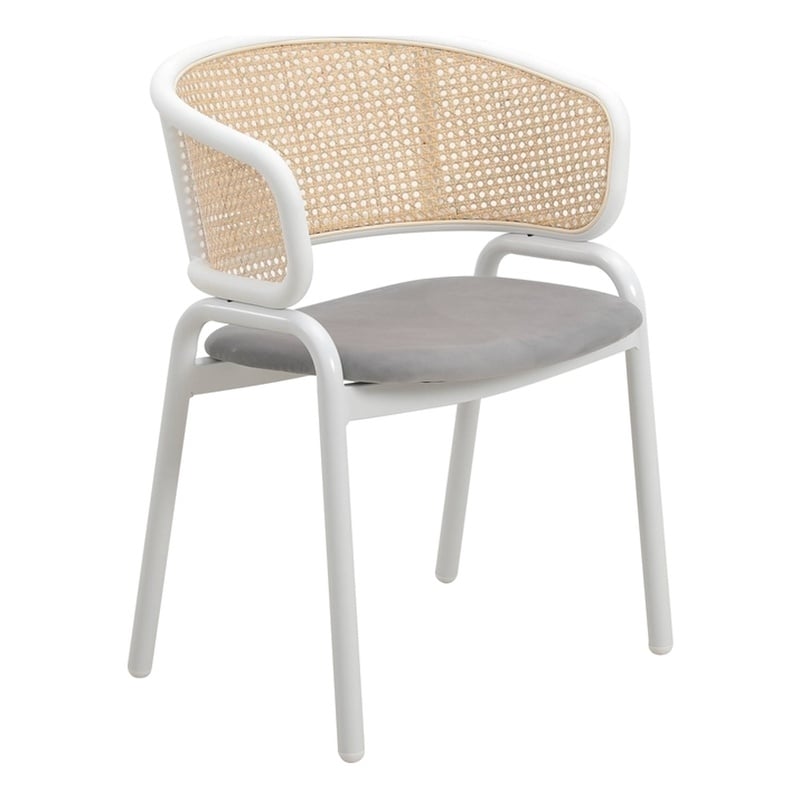 LeisureMod Ervilla Dining Armchair with White Steel Base and Velvet Seat Gray