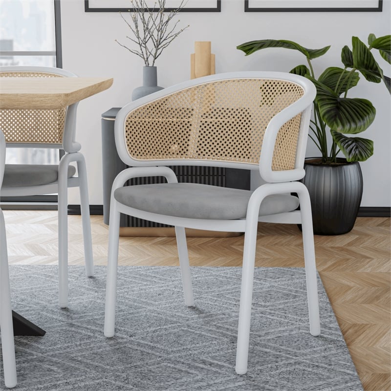 LeisureMod Ervilla Dining Armchair with White Steel Base and Velvet Seat Gray
