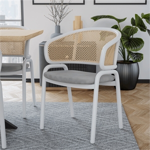 LeisureMod Ervilla Dining Armchair with White Steel Base and Velvet Seat Gray