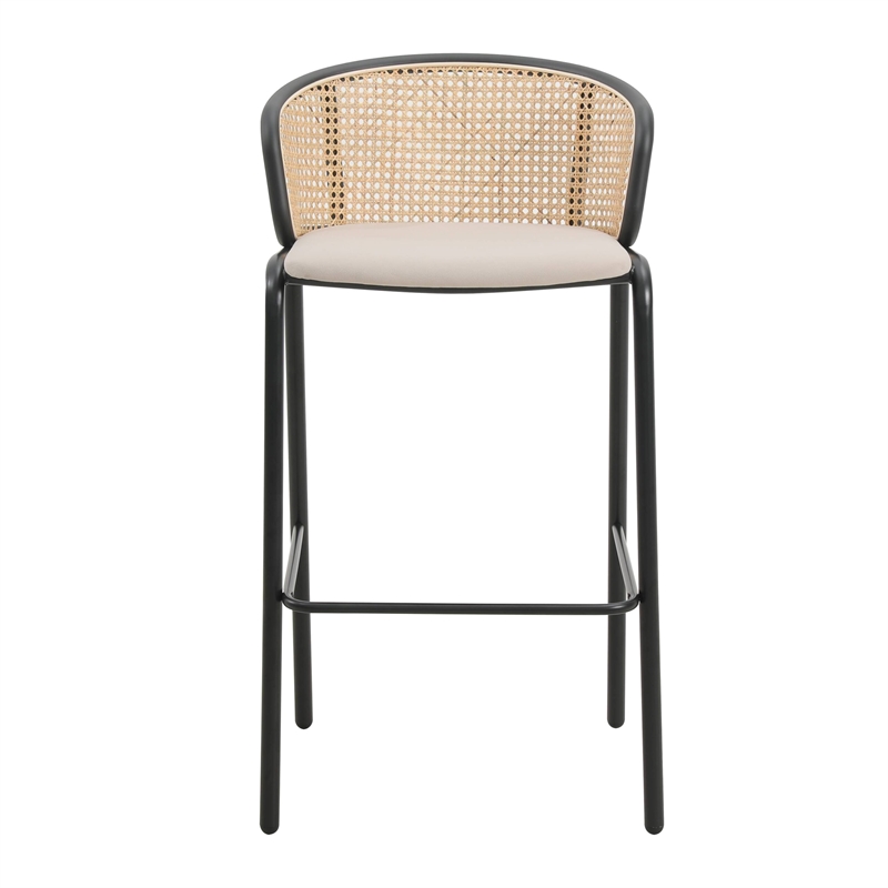 LeisureMod Ervilla Bar Stool with Black Powder Coated Metal Frame Set of 2 Beige