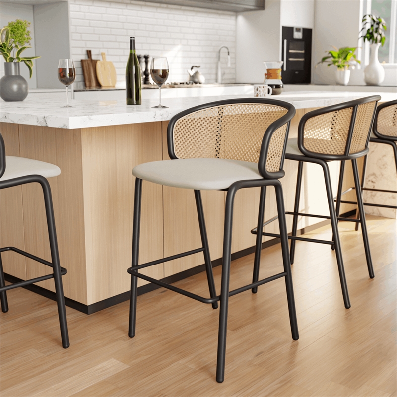 LeisureMod Ervilla Bar Stool with Black Powder Coated Metal Frame Set of 2 Beige