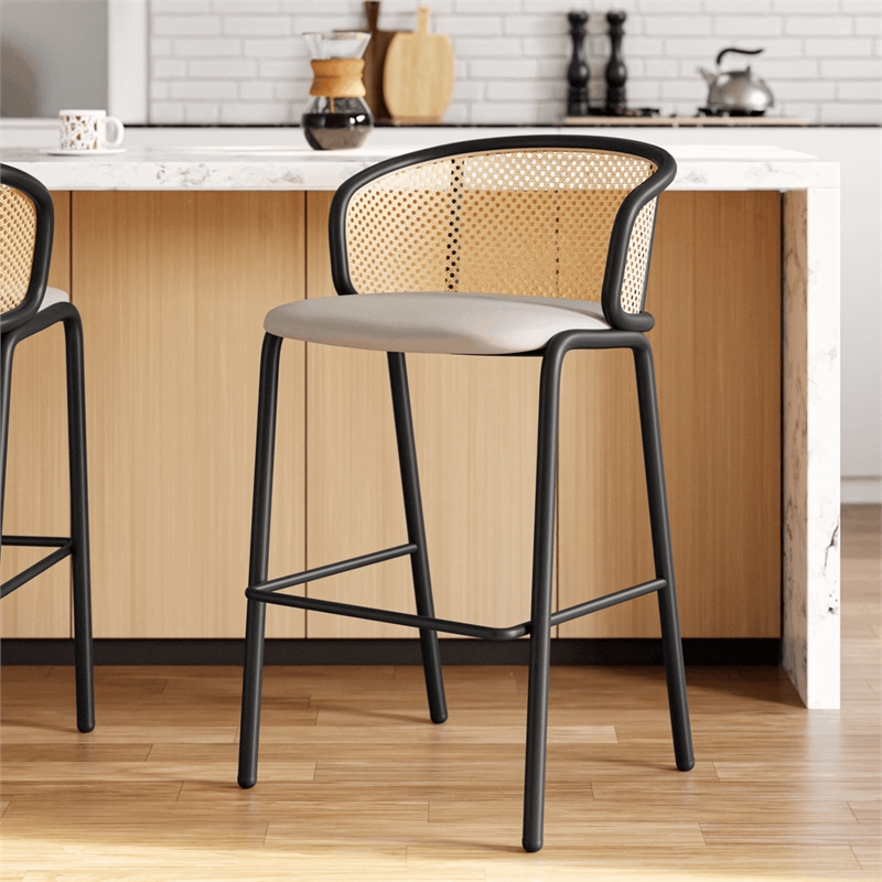 LeisureMod Ervilla Bar Stool with Black Powder Coated Metal Frame Set of 2 Beige
