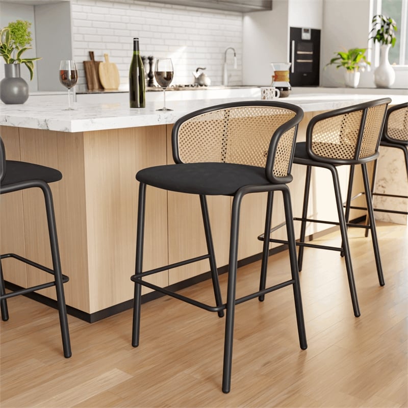 LeisureMod Ervilla Bar Stool with Black Powder Coated Metal Frame Set of 2 Black