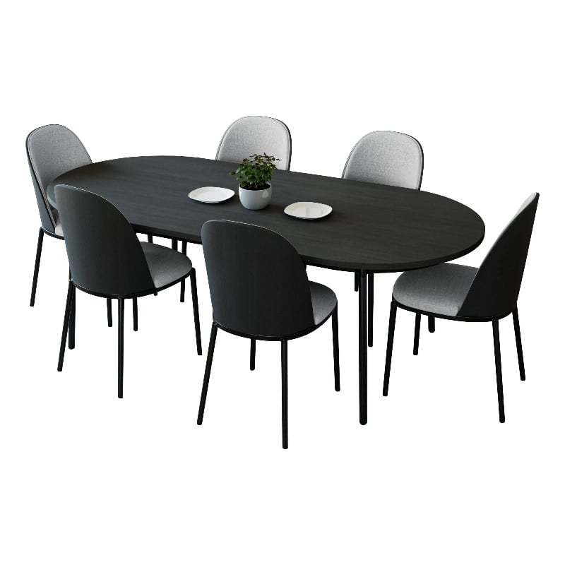 LeisureMod Tule 7-Piece Dining Set in Steel with 6 Chairs Black/Platinum Blue