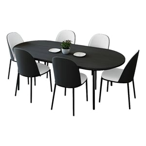 LeisureMod Tule 7-Piece Dining Set in Steel with 6 Chairs Black/White