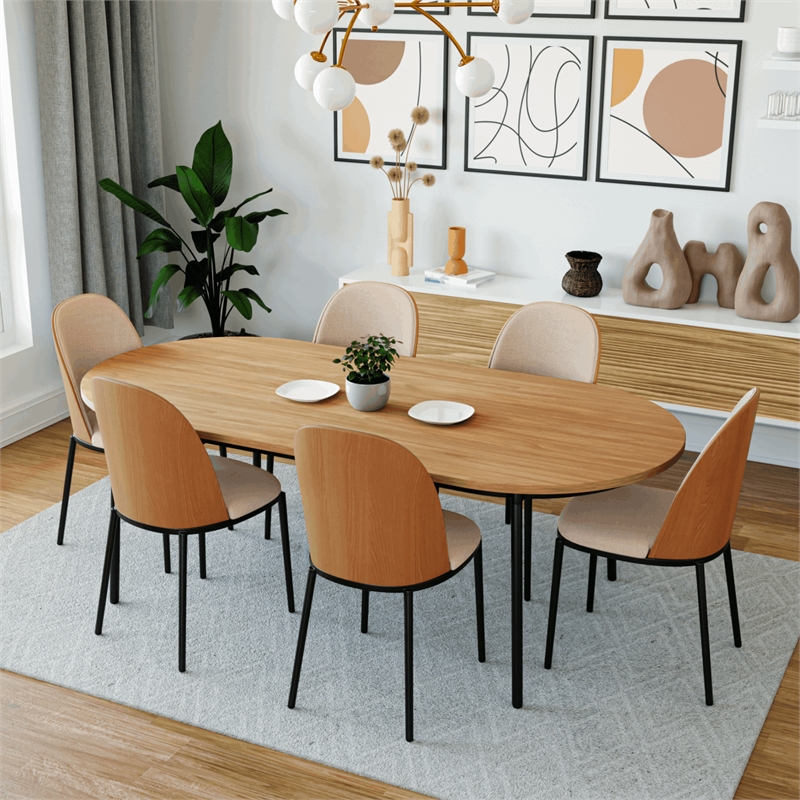 LeisureMod Tule 7-Piece Dining Set in Steel with 6 Chairs Natural Wood/Brown