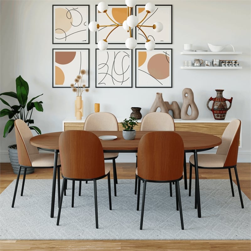 LeisureMod Tule 7-Piece Dining Set in Steel with 6 Chairs Walnut/Light Brown