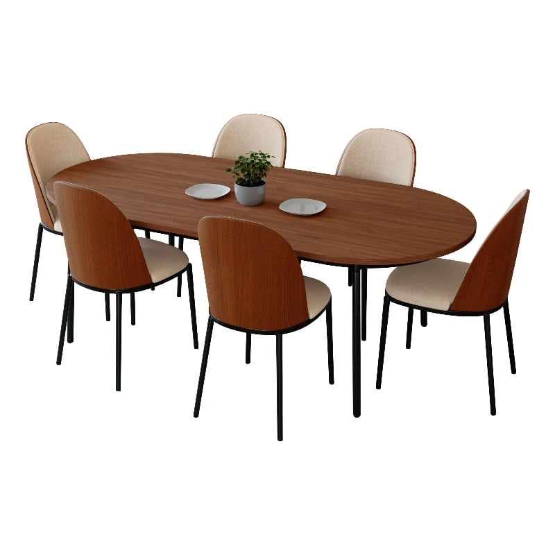 LeisureMod Tule 7-Piece Dining Set in Steel with 6 Chairs Walnut/Light Brown