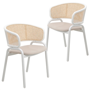LeisureMod Ervilla Dining Chair in White Steel with Velvet Seat Set of 2 Beige