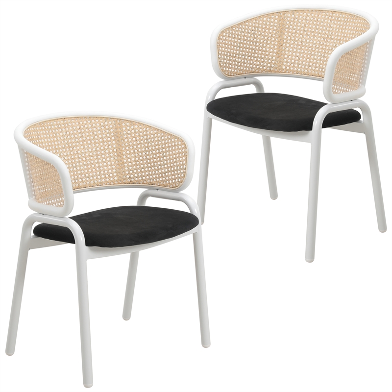 LeisureMod Ervilla Dining Chair in White Steel with Velvet Seat Set of 2 Black