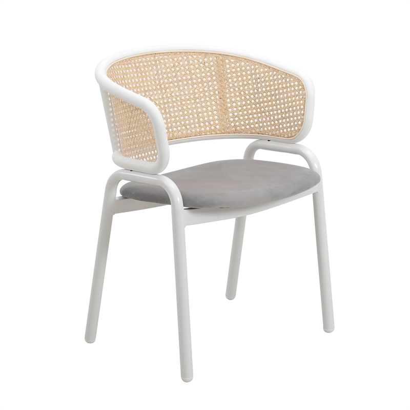 LeisureMod Ervilla Dining Chair in White Steel with Velvet Seat Set of 2 Grey