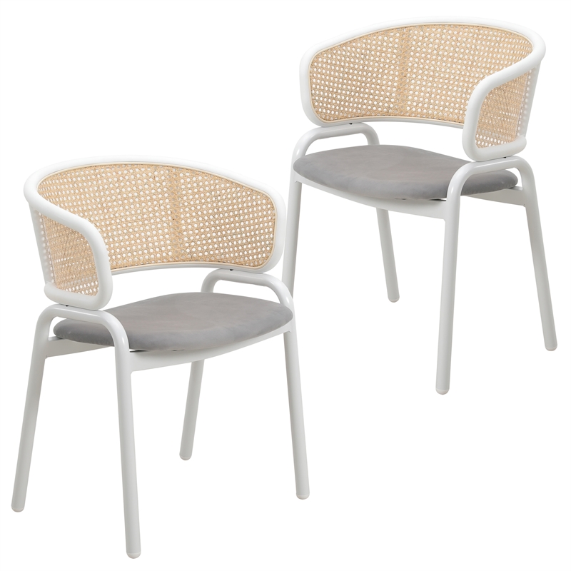 LeisureMod Ervilla Dining Chair in White Steel with Velvet Seat Set of 2 Grey