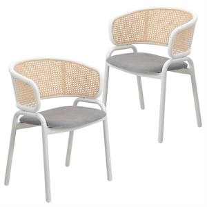 LeisureMod Ervilla Dining Chair in White Steel with Velvet Seat Set of 2 Grey