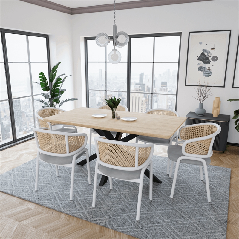 LeisureMod Ervilla Dining Chair in White Steel with Velvet Seat Set of 2 Grey