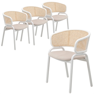 LeisureMod Ervilla Dining Chair in White Steel with Velvet Seat Set of 4 Beige