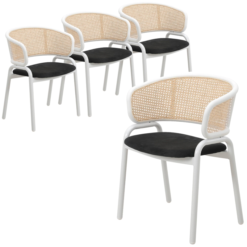 LeisureMod Ervilla Dining Chair in White Steel with Velvet Seat Set of 4 Black
