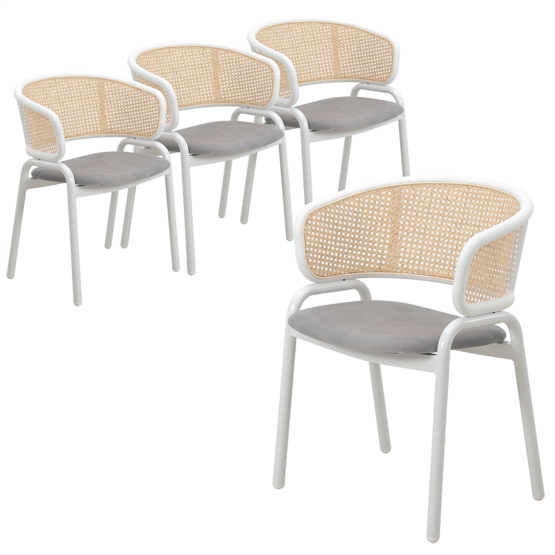 LeisureMod Ervilla Dining Chair in White Steel with Velvet Seat Set of 4 Gray