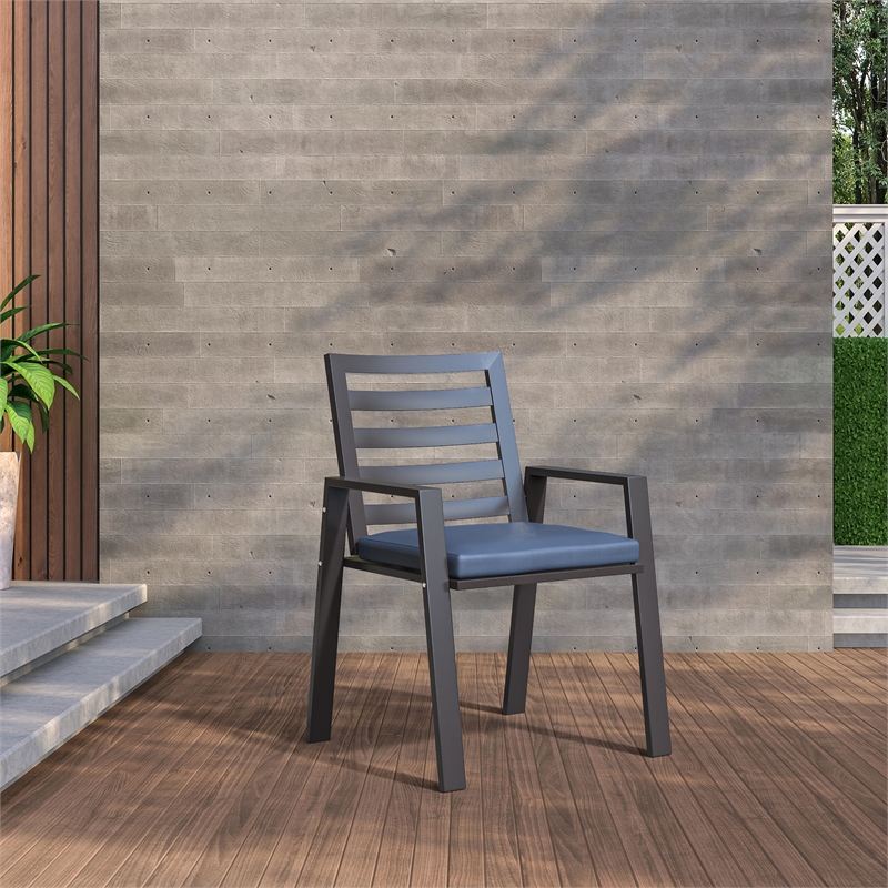 LeisureMod Chelsea Aluminum Patio Dining Armchair with Cushions in Blue