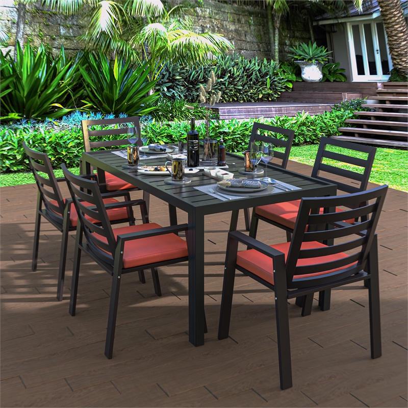 LeisureMod Chelsea Aluminum Patio Dining Armchair with Cushions in Cherry Red