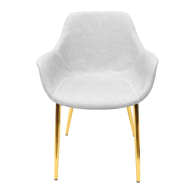 LeisureMod Markley Leather Dining Armchair With Gold Metal Legs in Light Gray