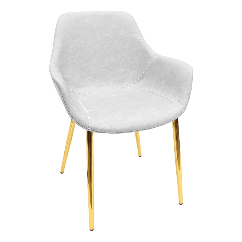 LeisureMod Markley Leather Dining Armchair With Gold Metal Legs in Light Gray