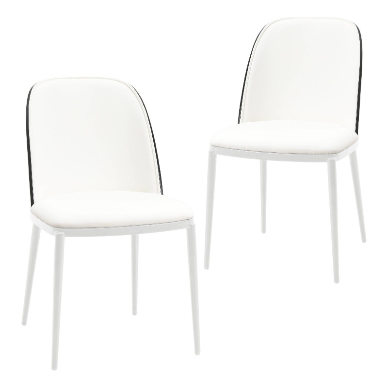 LeisureMod Tule Dining Chair with Leather Seat Black/White Set of 2