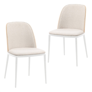 LeisureMod Tule Dining Chair with Velvet Seat Natural Wood/Beige Set of 2