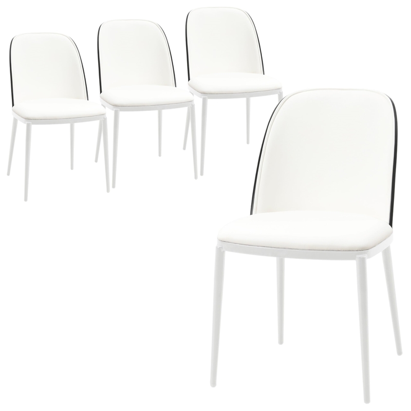 LeisureMod Tule Dining Chair with Leather Seat Black/White Set of 4