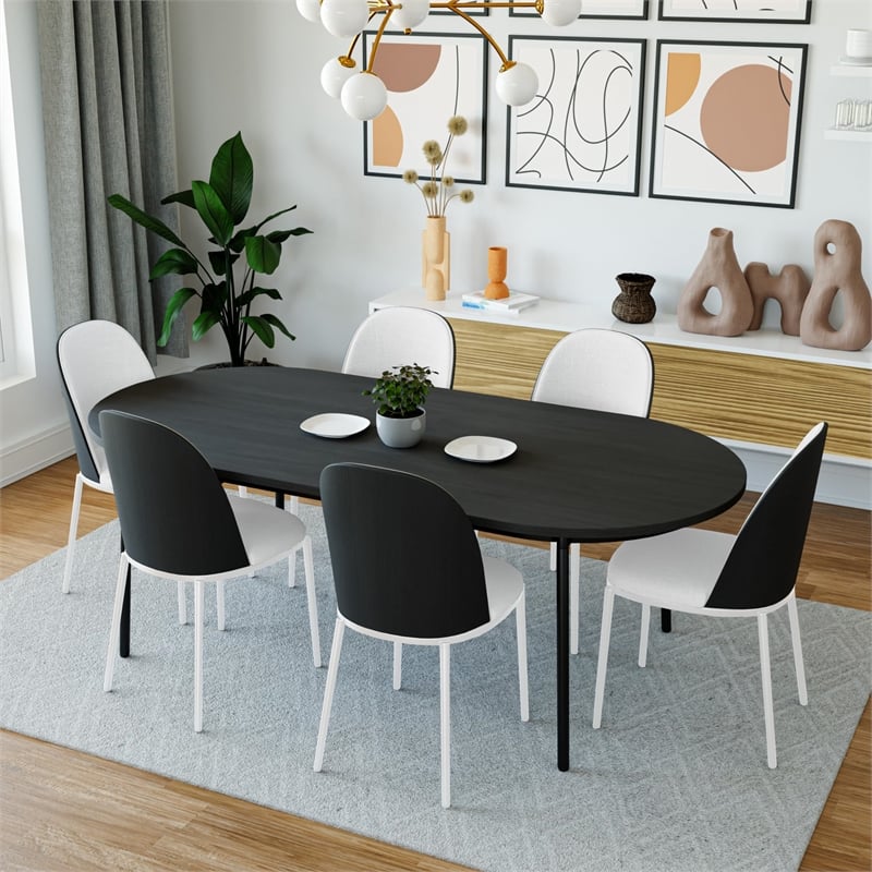 LeisureMod Tule Dining Chair with Leather Seat Black/White Set of 4