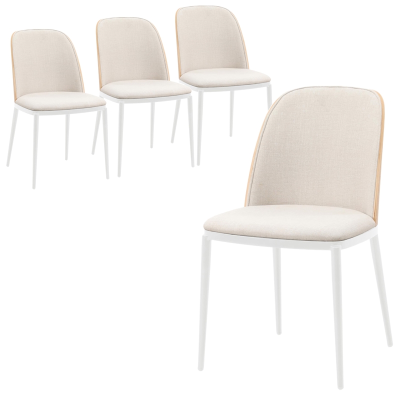 LeisureMod Tule Dining Chair with Velvet Seat Natural Wood/Beige Set of 4