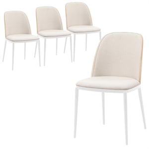 LeisureMod Tule Dining Chair with Velvet Seat Natural Wood/Beige Set of 4
