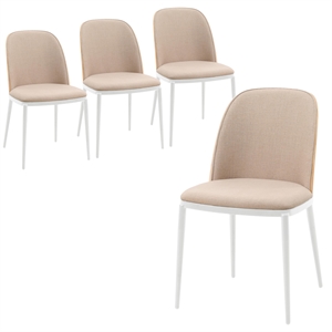 LeisureMod Tule Dining Chair with Velvet Seat Natural Wood/Brown Set of 4