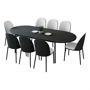 LeisureMod Tule 9-Piece Dining Set with Leather Seat Black/White