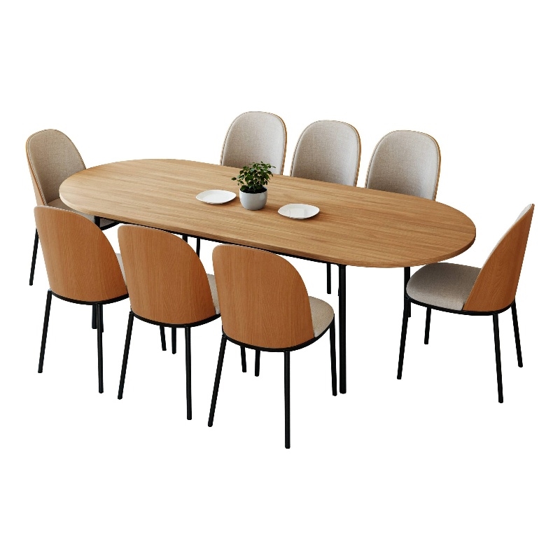 LeisureMod Tule 9-Piece Dining Set with Velvet Seat Natural Wood/Beige