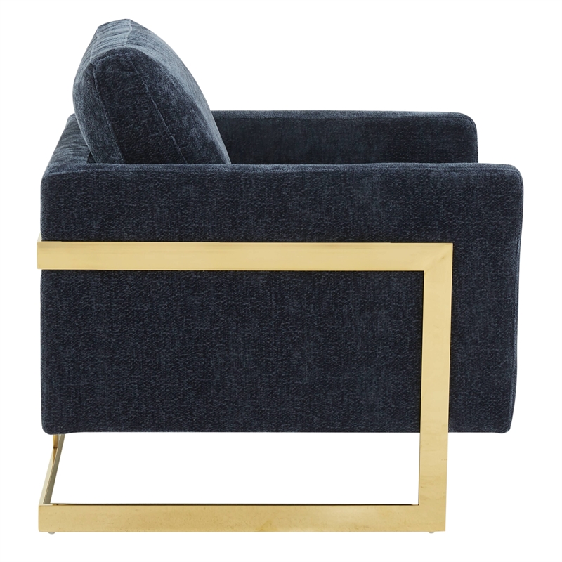 LeisureMod Lincoln Modern Boucle Arm Chair with Gold Stainless Steel Frame Blue