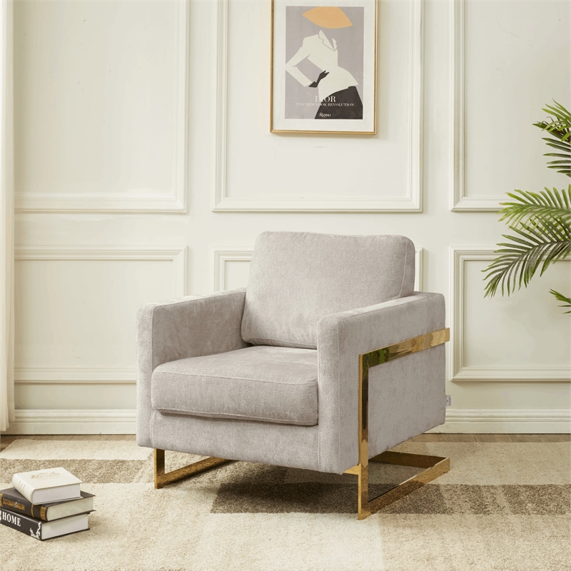 LeisureMod Lincoln Modern Boucle Arm Chair with Gold Stainless Steel Frame Gray