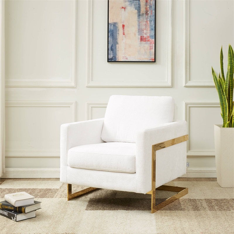 LeisureMod Lincoln Modern Boucle Arm Chair with Gold Stainless Steel Frame White