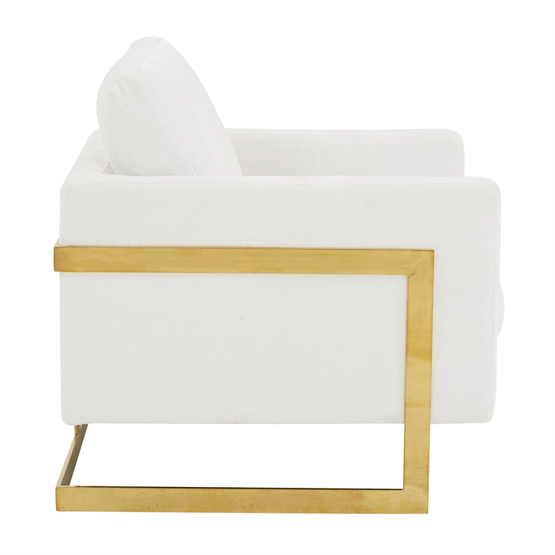 LeisureMod Lincoln Modern Boucle Arm Chair with Gold Stainless Steel Frame White