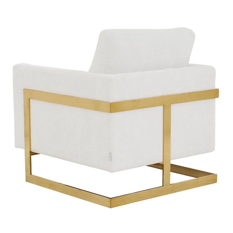 LeisureMod Lincoln Modern Boucle Arm Chair with Gold Stainless Steel Frame White
