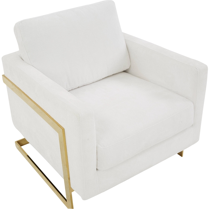 LeisureMod Lincoln Modern Boucle Arm Chair with Gold Stainless Steel Frame White