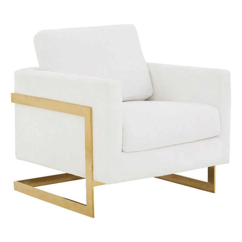 LeisureMod Lincoln Modern Boucle Arm Chair with Gold Stainless Steel Frame White