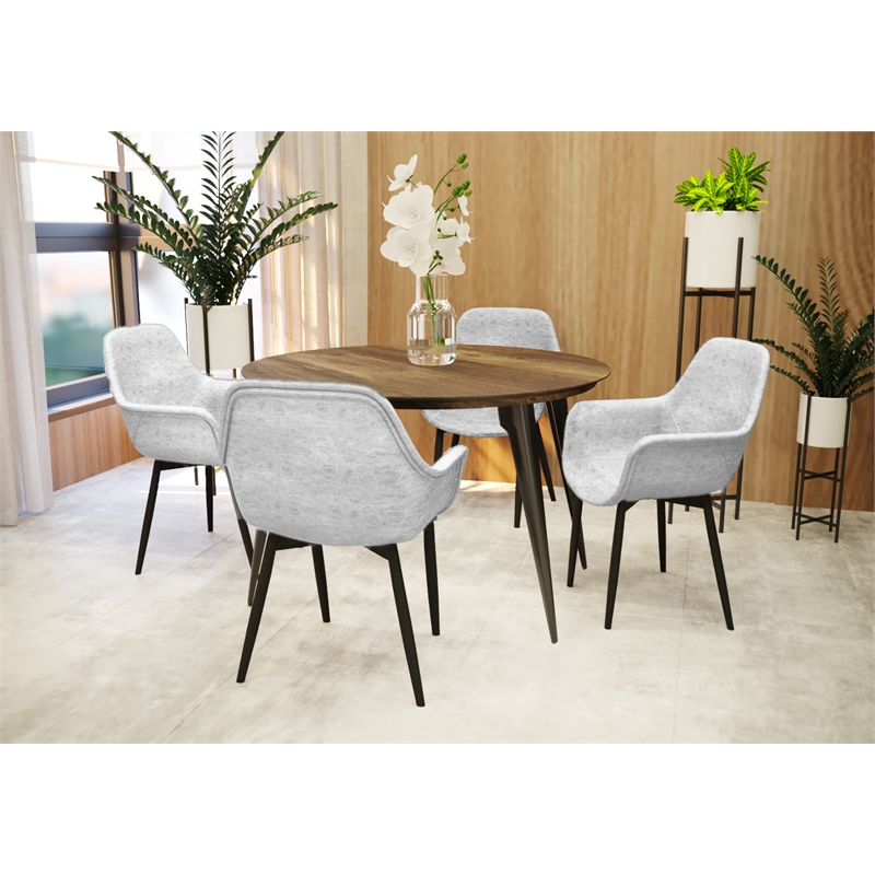 LeisureMod Markley Faux Leather Dining Armchair Metal Legs Set of 4 Light Gray